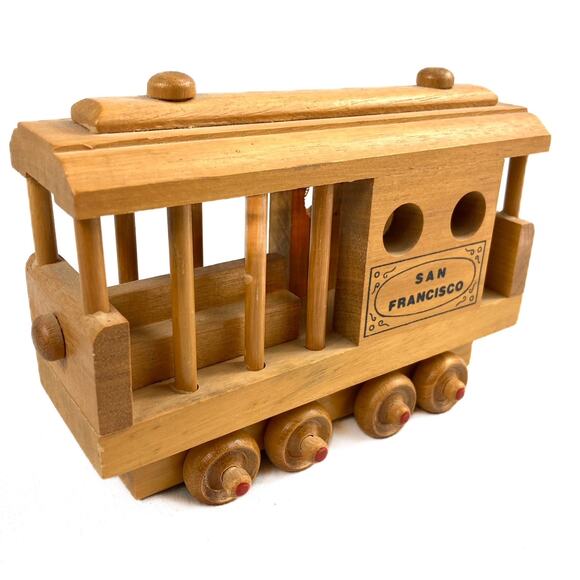 Vintage Rolling Wooden San Francisco Trolley Car with painted Wheels Shelf Size - Picture 2 of 7